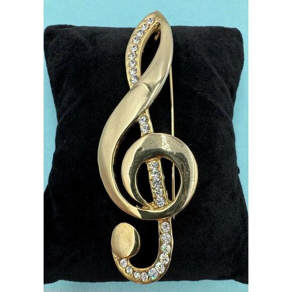 Vintage Gold Tone Music‎ Band Theme Brooch Pin Lot Of 5 Clef Trumpet Rhinestone - Picture 8 of 12